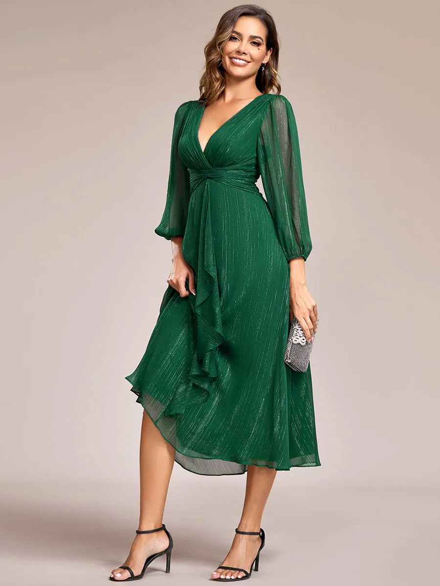 See-Through Long Sleeve Twist Knot A-Line Lotus Leaf Shimmering Evening Dress