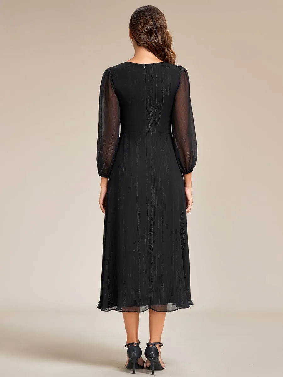 See-Through Long Sleeve Twist Knot A-Line Lotus Leaf Shimmering Evening Dress