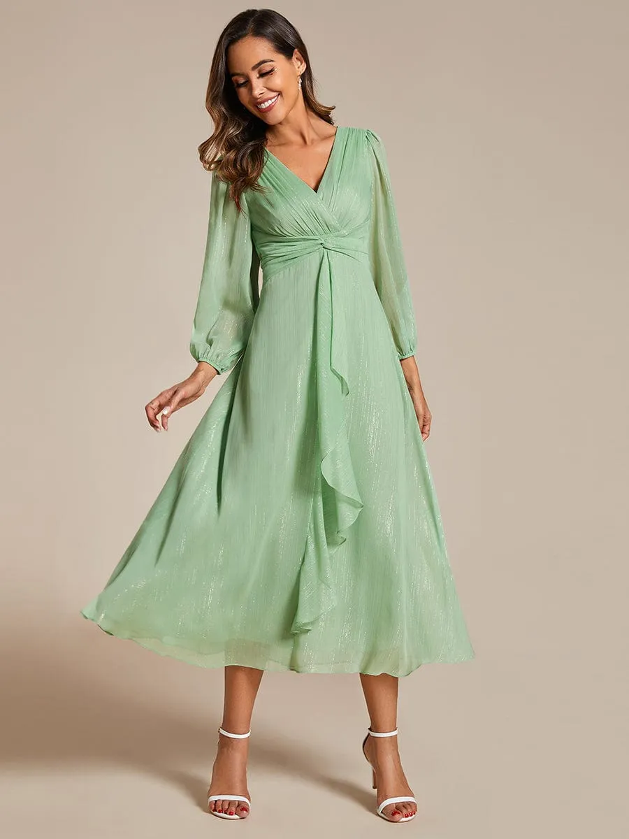 See-Through Long Sleeve Twist Knot A-Line Lotus Leaf Shimmering Evening Dress