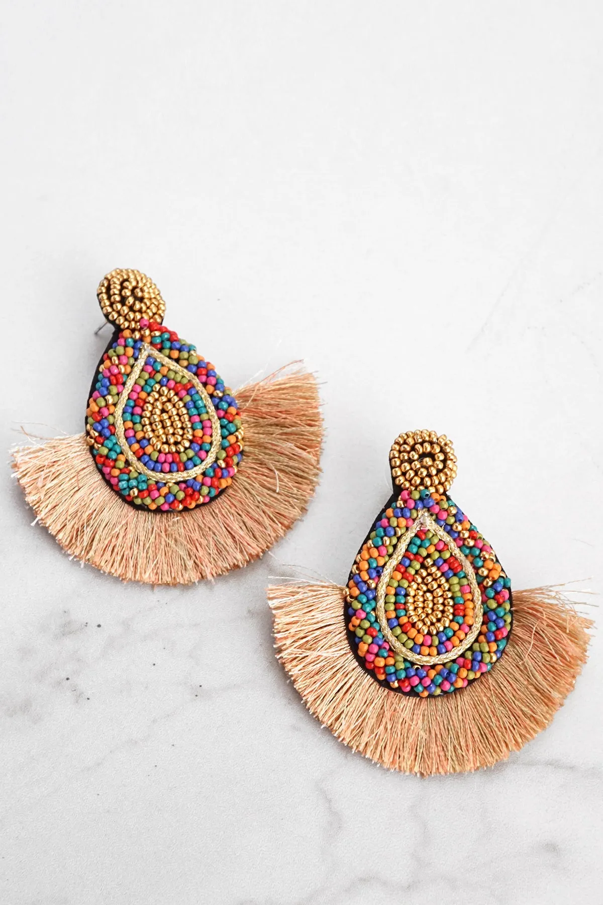 Seed Beads Statement Earrings in Beige