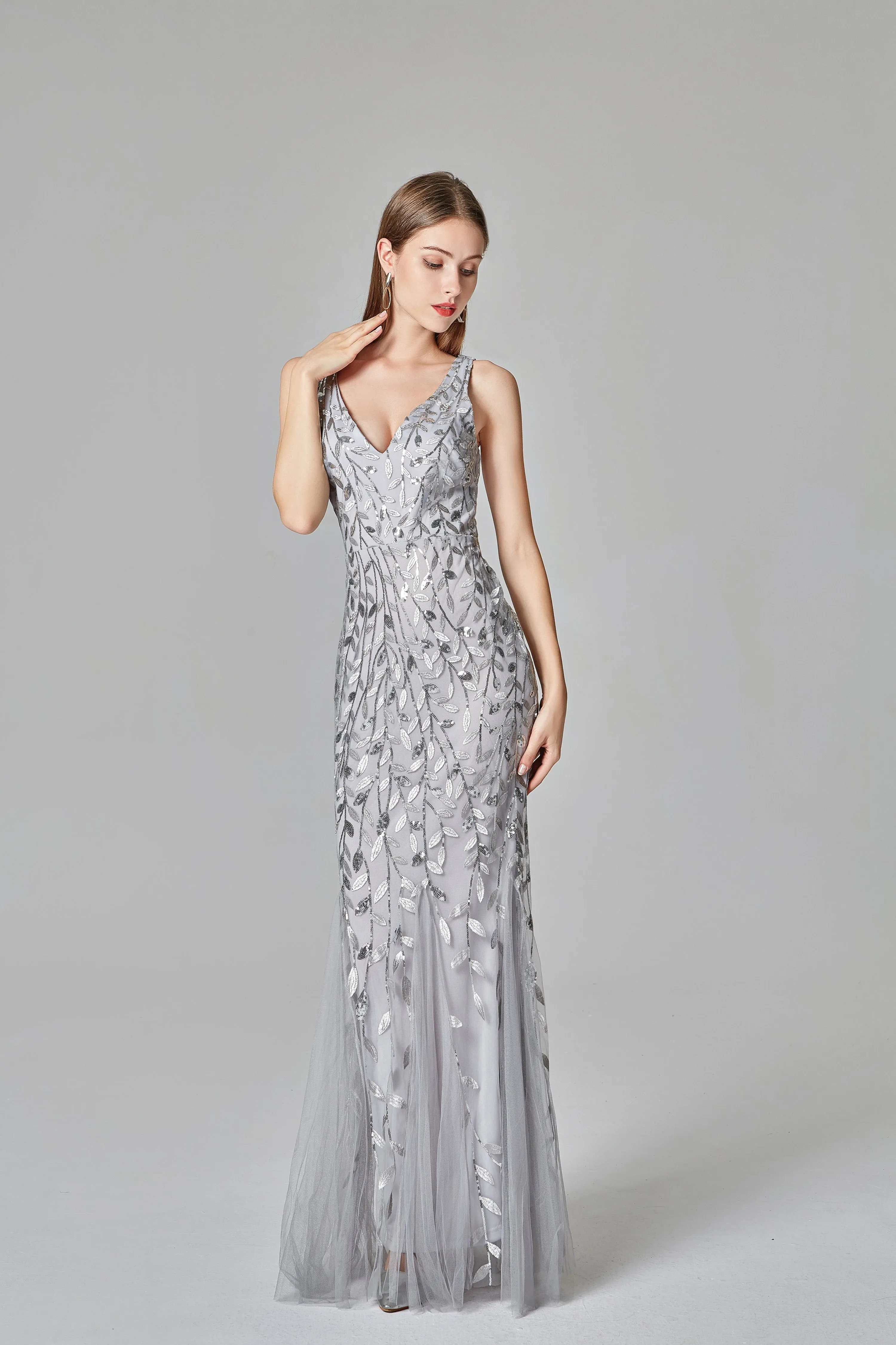 Sexy V Neck Silver Mermaid Prom Dresses, Embroidered Sequins Long Evening Dresses STK15368