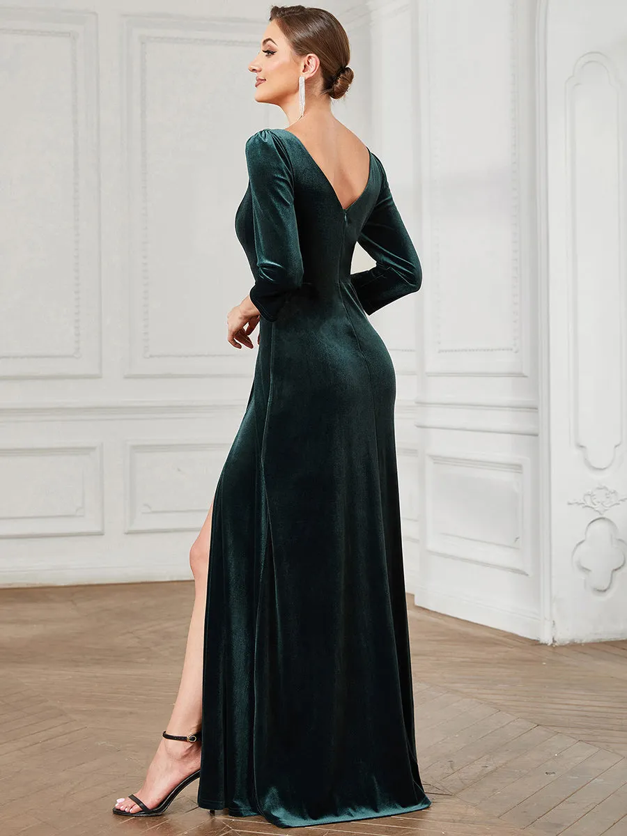 Shiny Long Sleeves Deep V Neck A Line Wholesale Evening Dresses