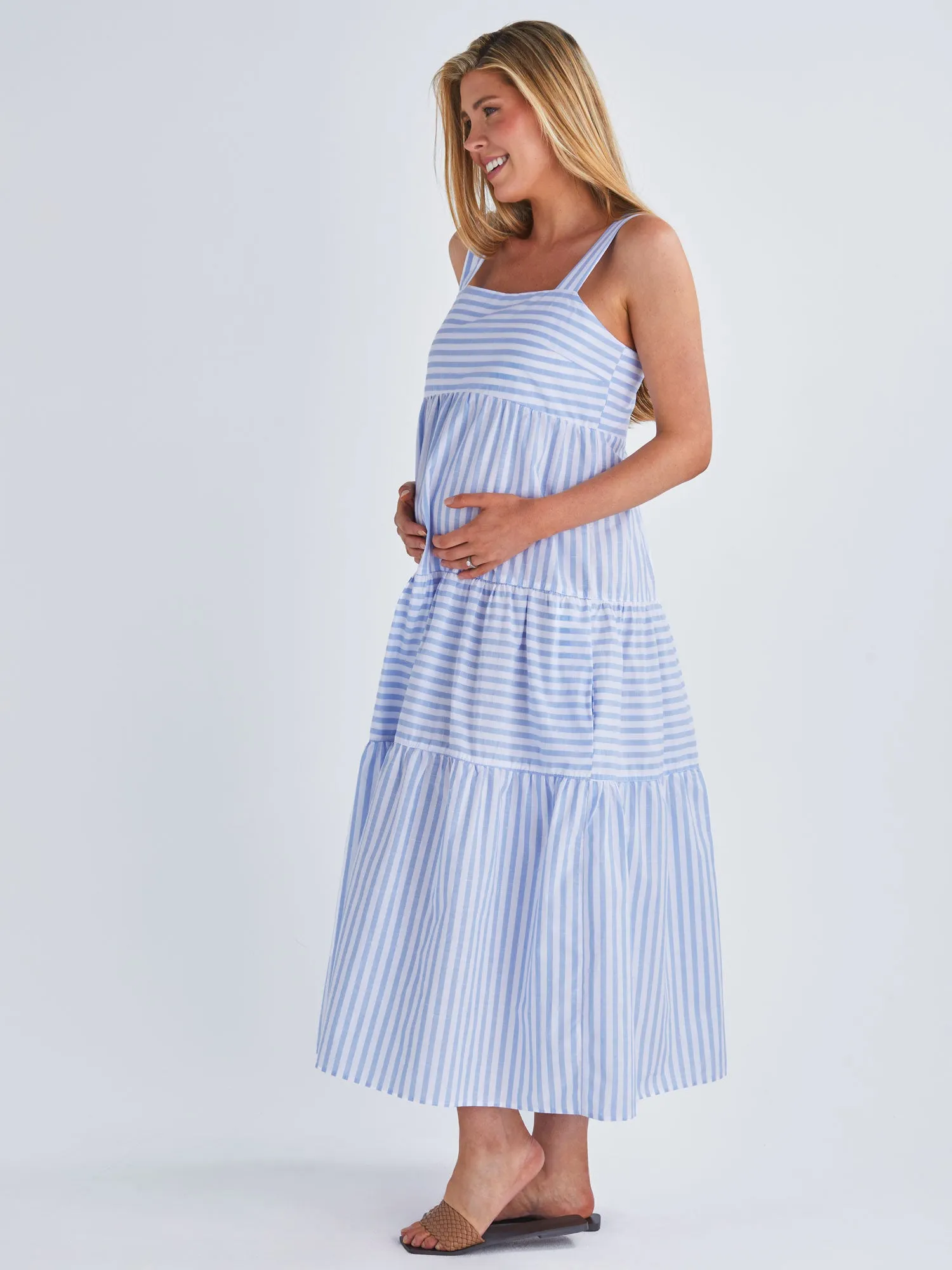 Shirley Maternity Tiered Maxi Dress in Blue Stripe