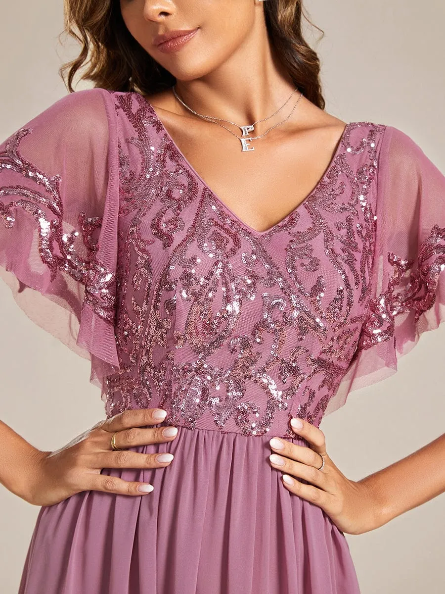 Short Sleeve V-Neck Sequin Chiffon A-Line Mother of the Bride Dress