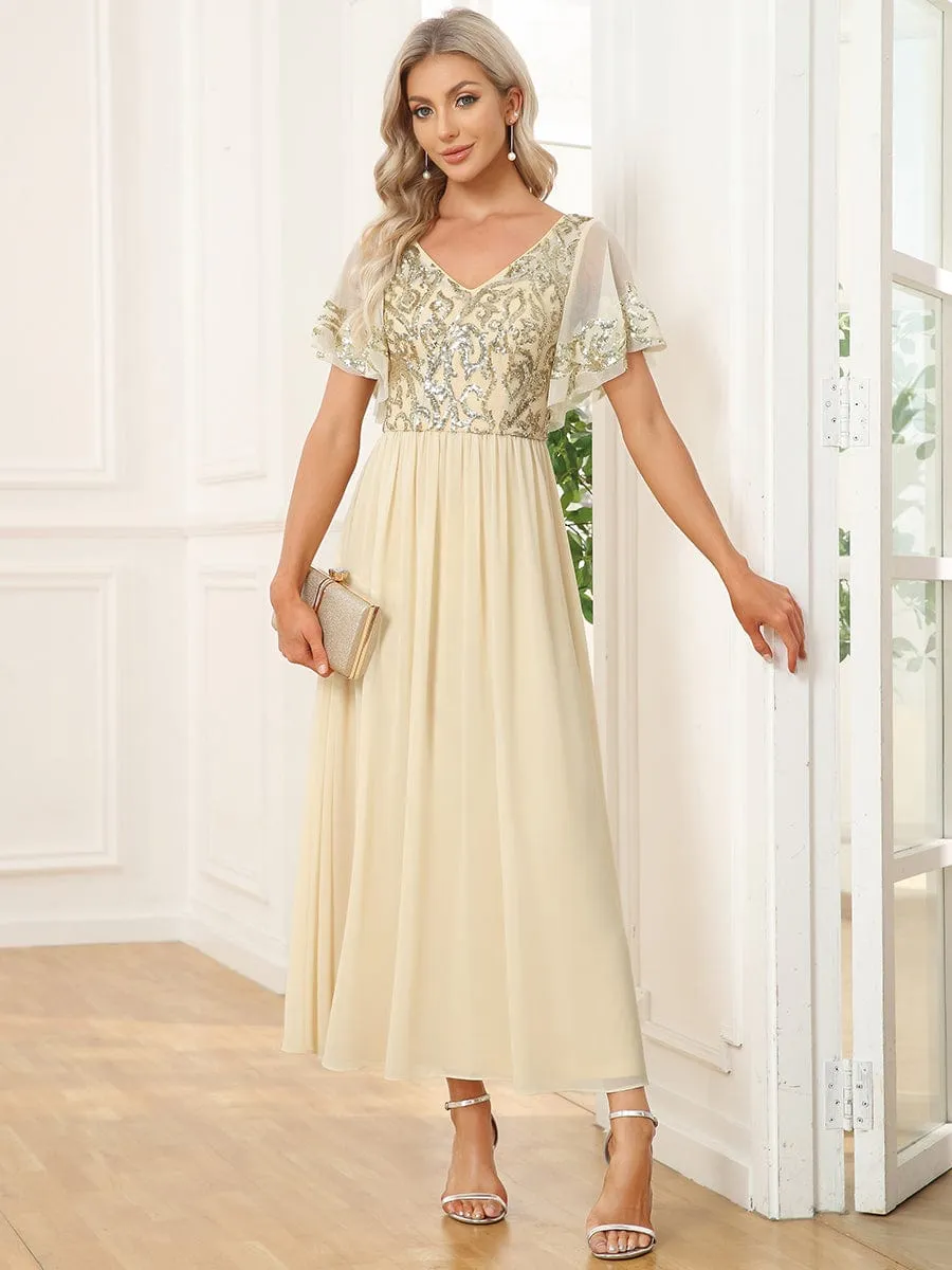 Short Sleeve V-Neck Sequin Chiffon A-Line Mother of the Bride Dress