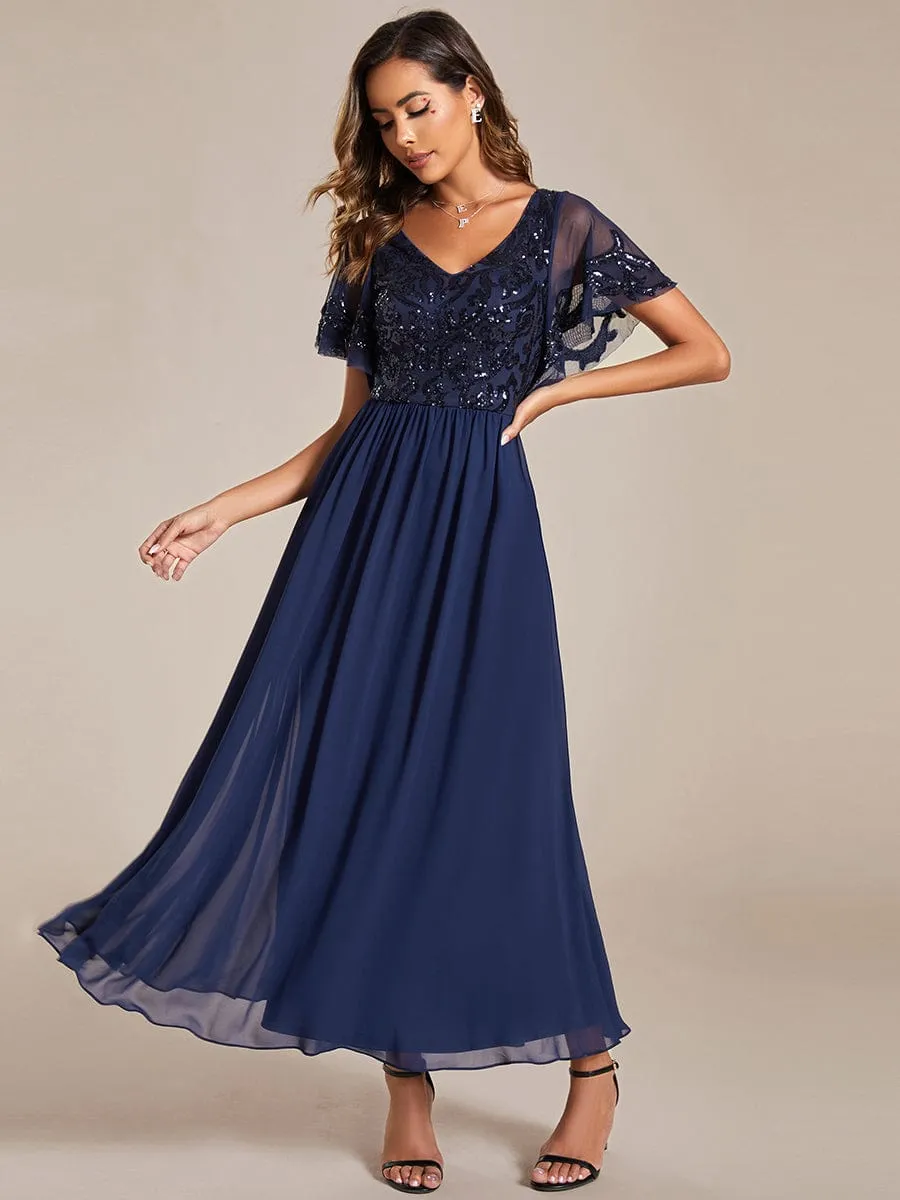 Short Sleeve V-Neck Sequin Chiffon A-Line Mother of the Bride Dress