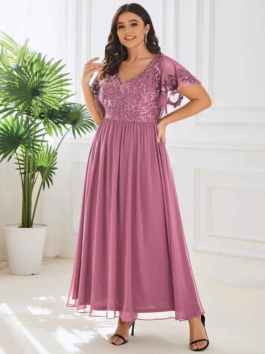 Short Sleeve V-Neck Sequin Chiffon A-Line Mother of the Bride Dress