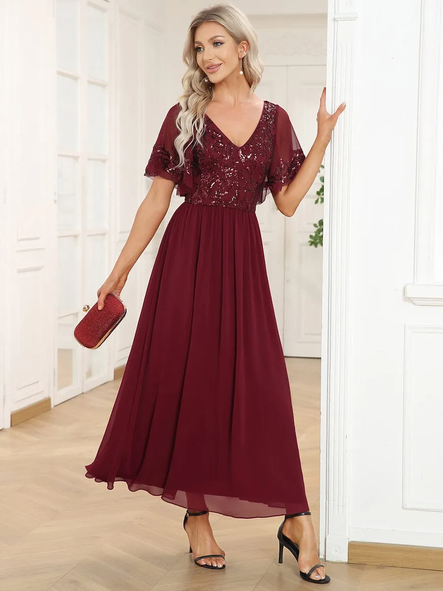 Short Sleeve V-Neck Sequin Chiffon A-Line Mother of the Bride Dress