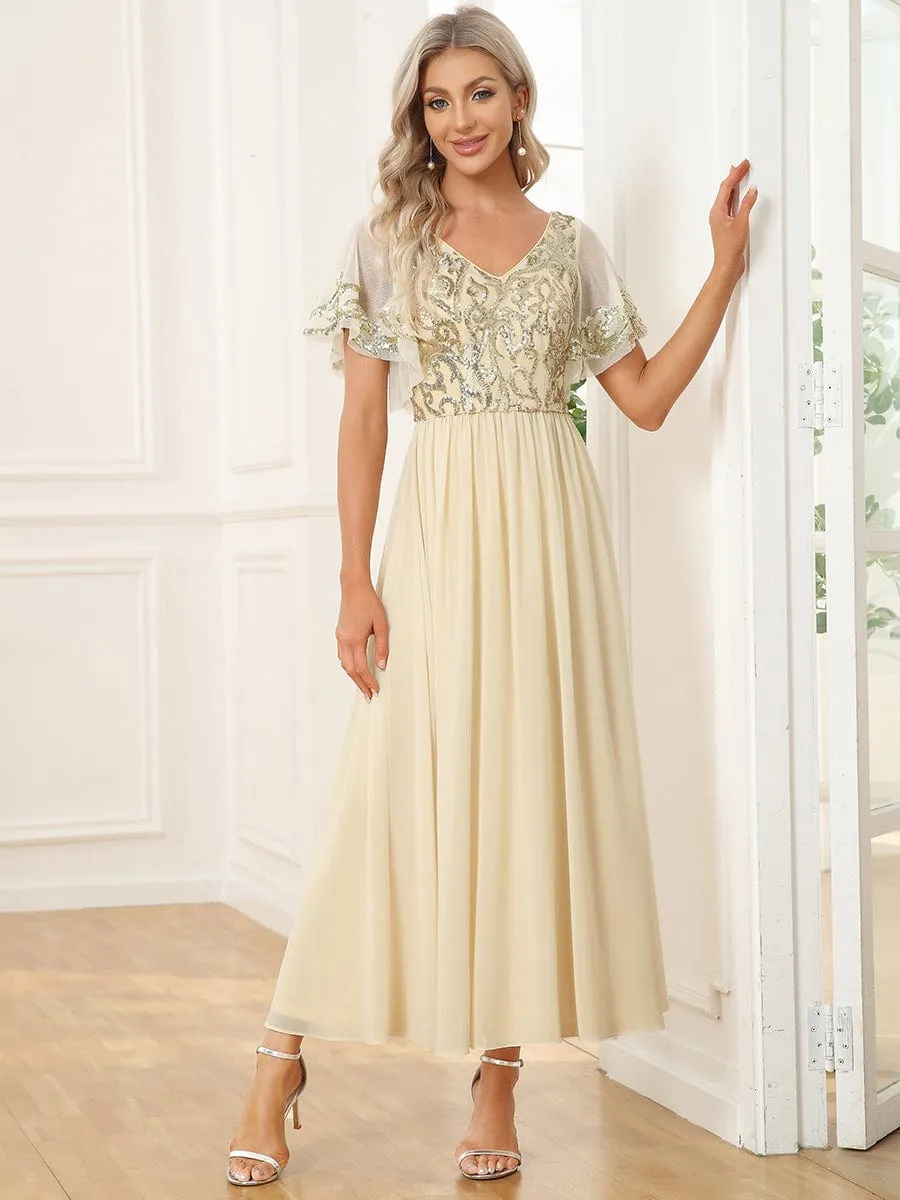 Short Sleeve V-Neck Sequin Chiffon A-Line Mother of the Bride Dress