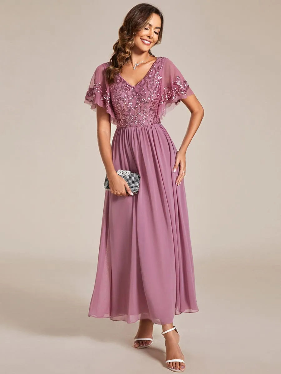 Short Sleeve V-Neck Sequin Chiffon A-Line Mother of the Bride Dress