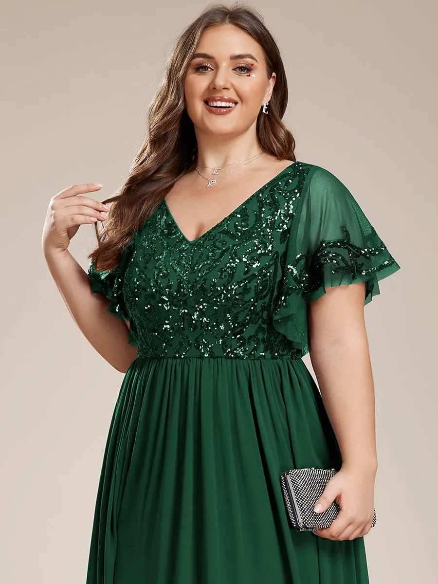 Short Sleeve V-Neck Sequin Chiffon A-Line Mother of the Bride Dress