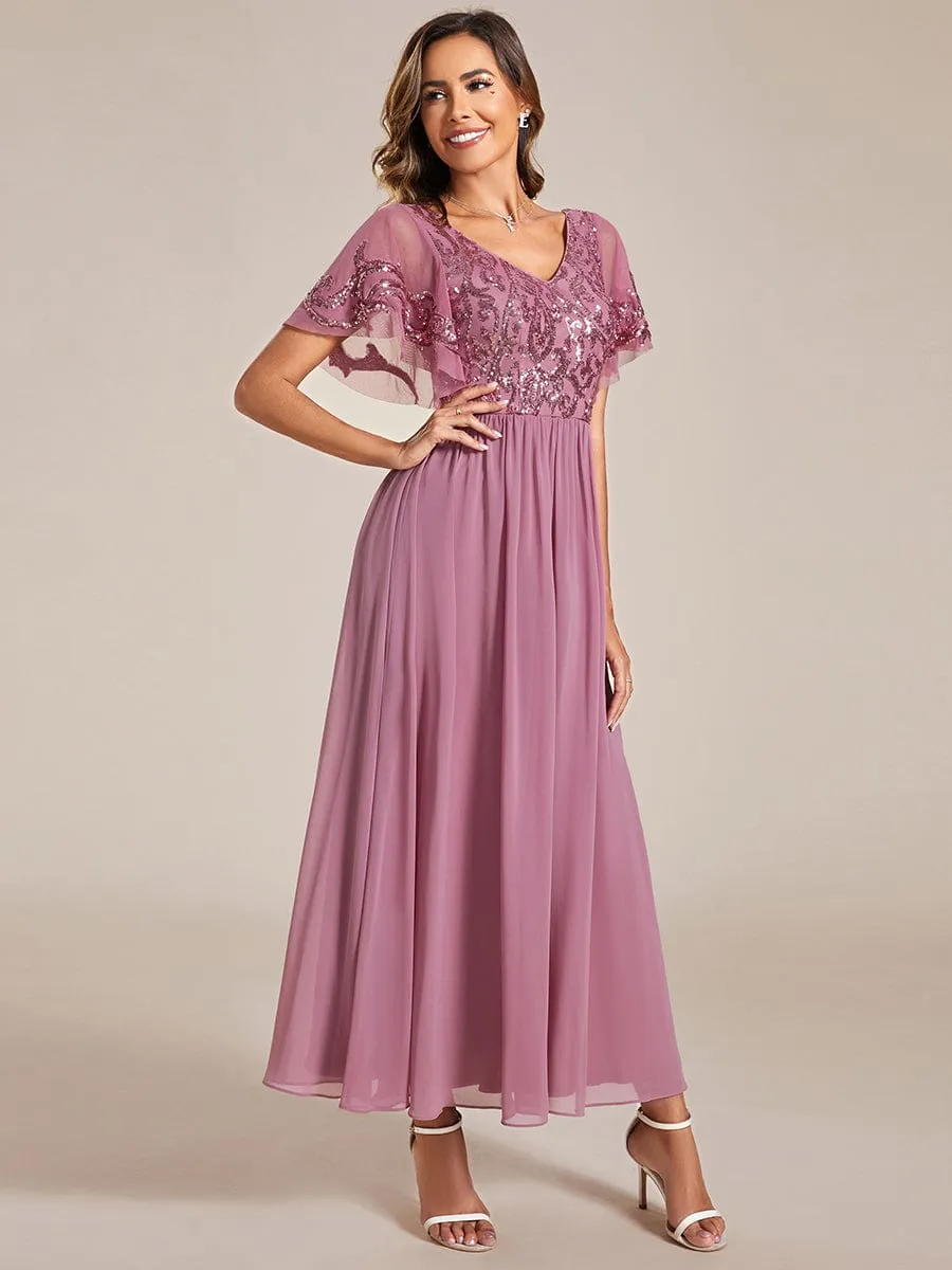 Short Sleeve V-Neck Sequin Chiffon A-Line Mother of the Bride Dress