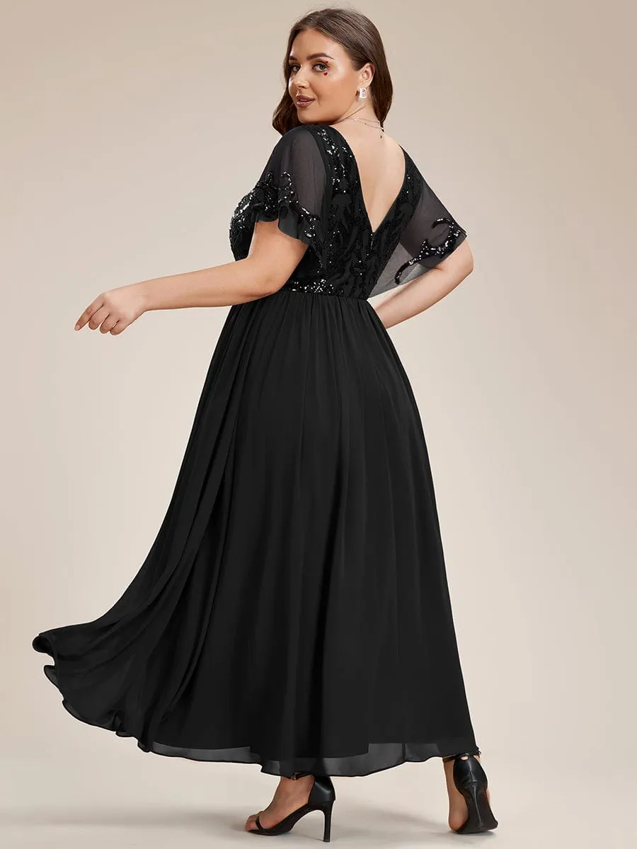 Short Sleeve V-Neck Sequin Chiffon A-Line Mother of the Bride Dress