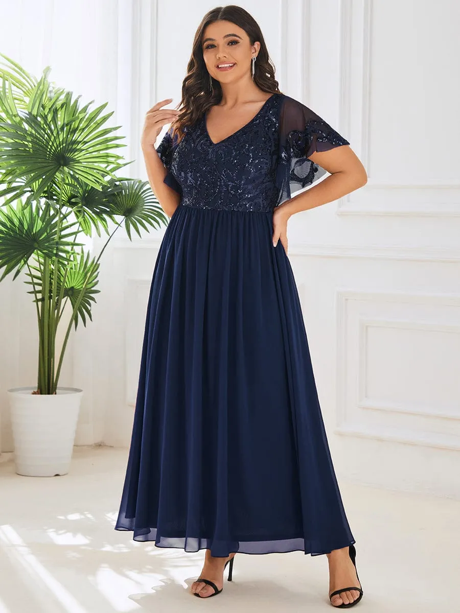 Short Sleeve V-Neck Sequin Chiffon A-Line Mother of the Bride Dress