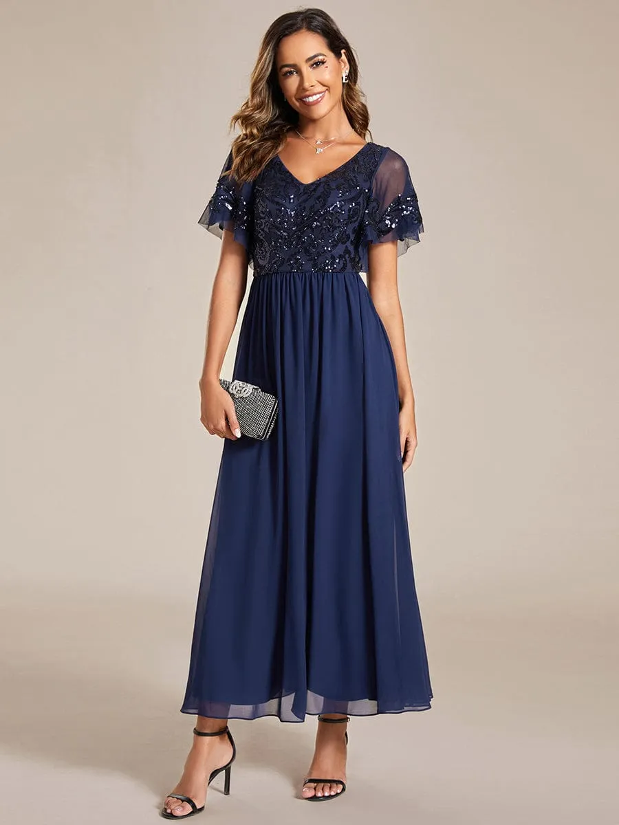 Short Sleeve V-Neck Sequin Chiffon A-Line Mother of the Bride Dress