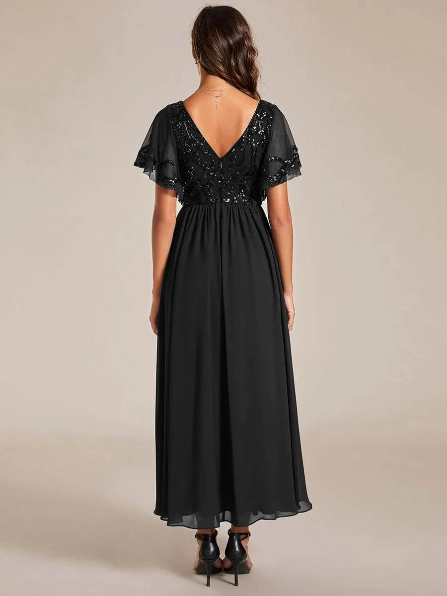 Short Sleeve V-Neck Sequin Chiffon A-Line Mother of the Bride Dress