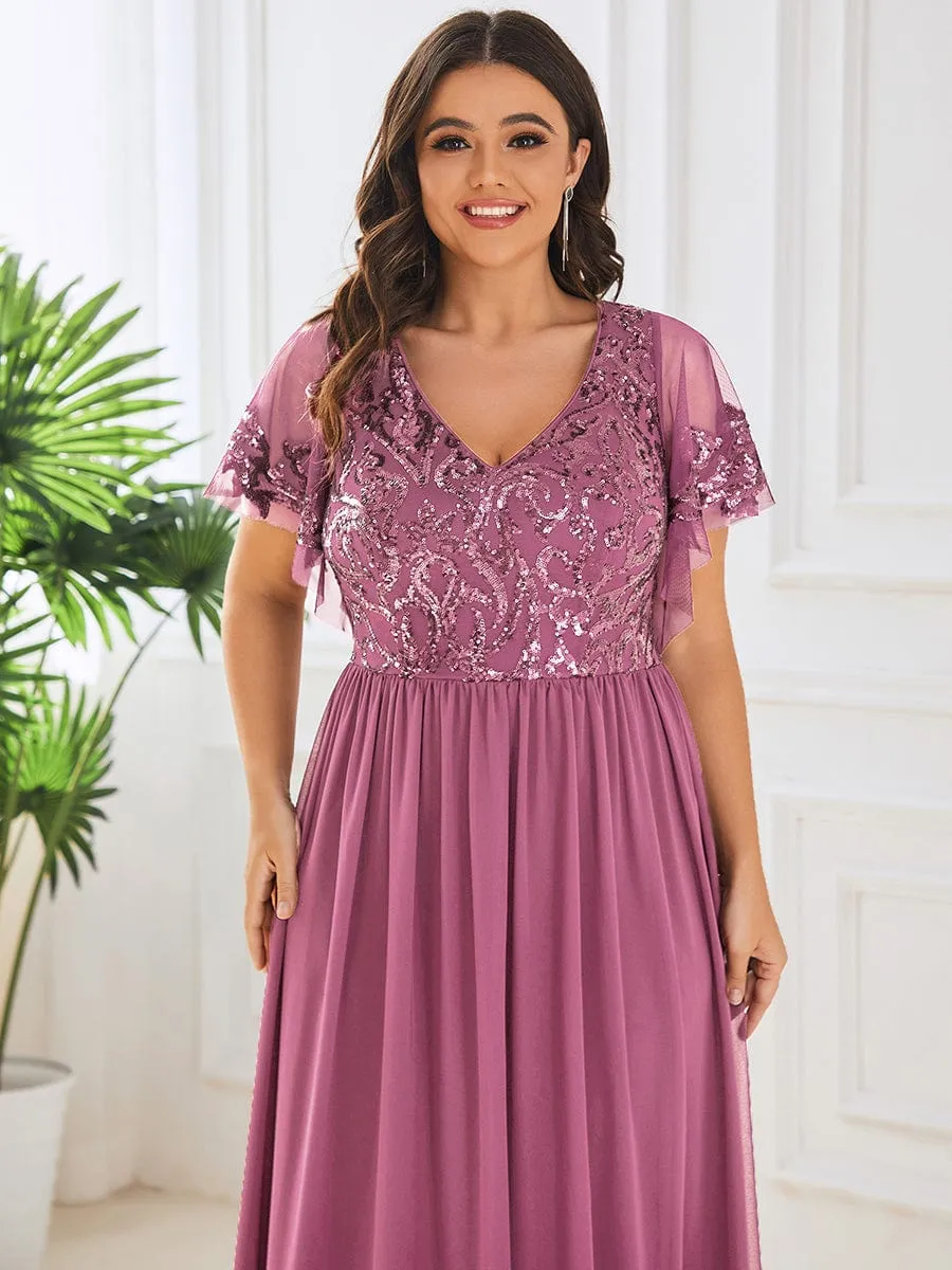 Short Sleeve V-Neck Sequin Chiffon A-Line Mother of the Bride Dress