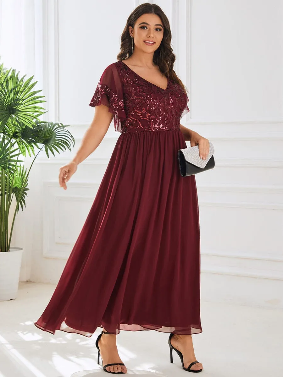 Short Sleeve V-Neck Sequin Chiffon A-Line Mother of the Bride Dress