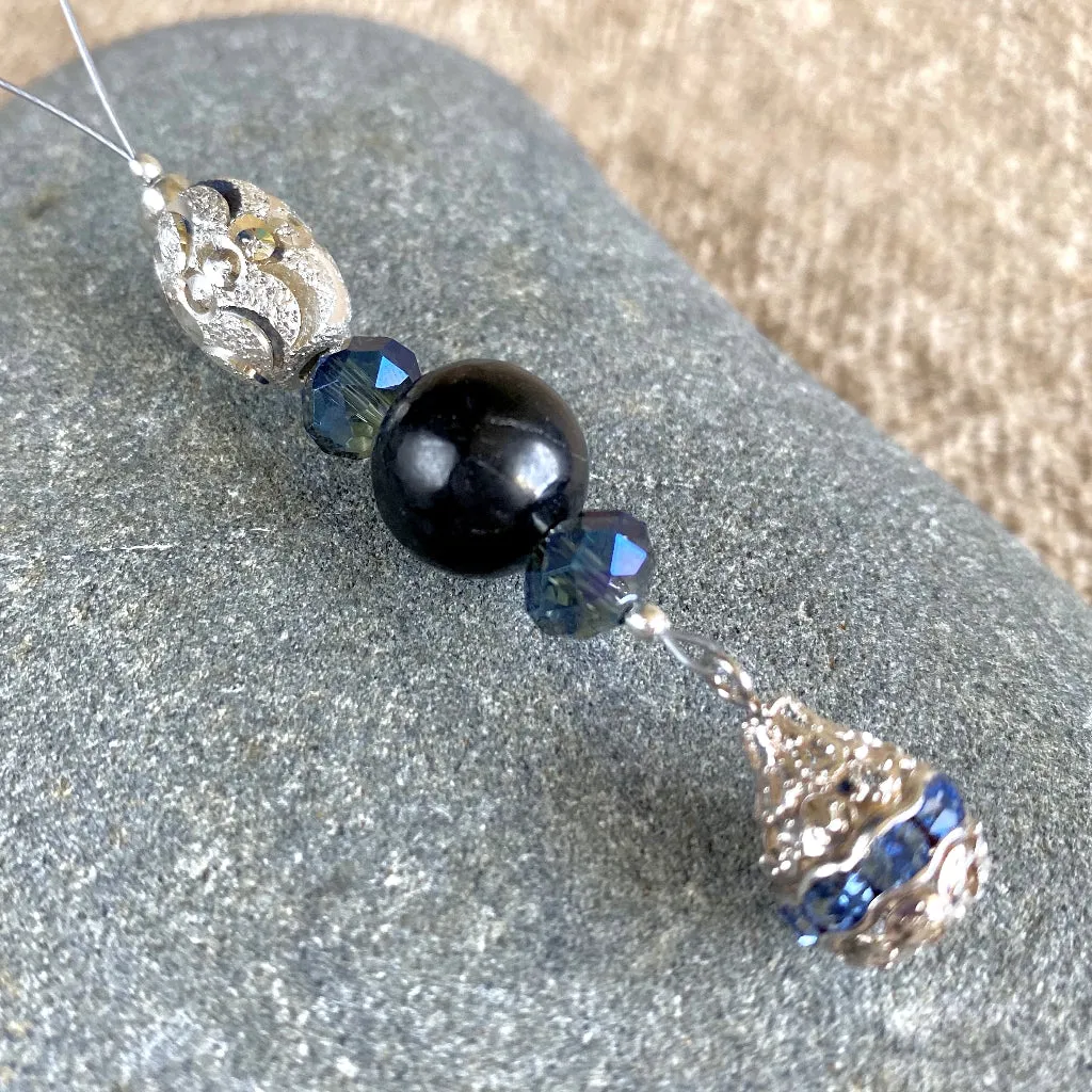 Shungite Ornament w/Balinese Sterling Silver Beads, Tiny Blue Crystals