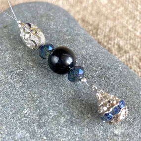 Shungite Ornament w/Balinese Sterling Silver Beads, Tiny Blue Crystals