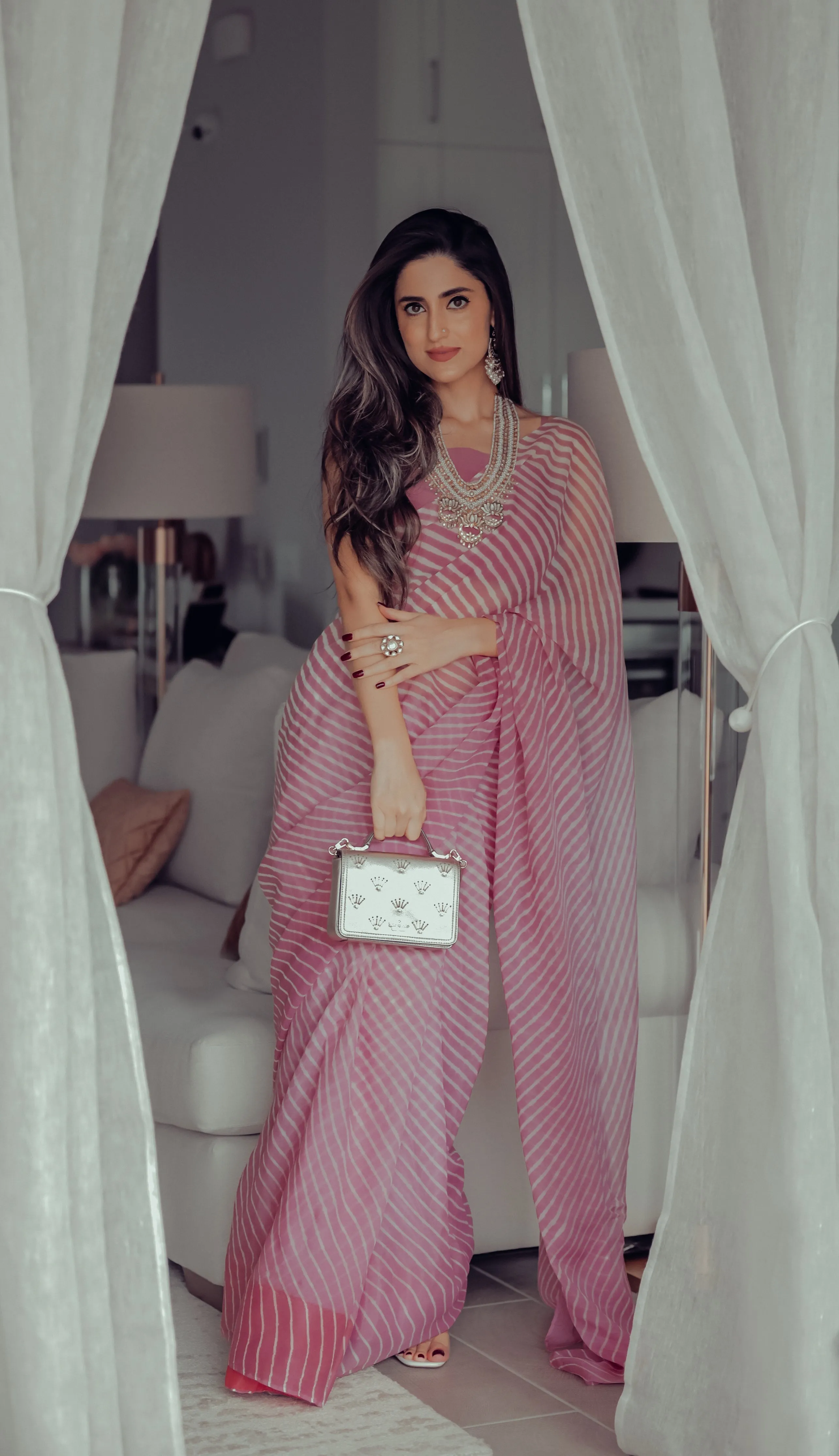 Sophia Dusty Pink Leheriya Pure Chiffon Saree