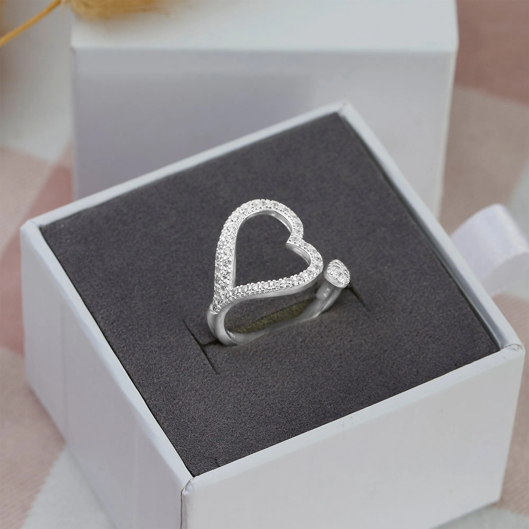 Sparkling CZ Open Heart Ring Adjustable Silver Ring