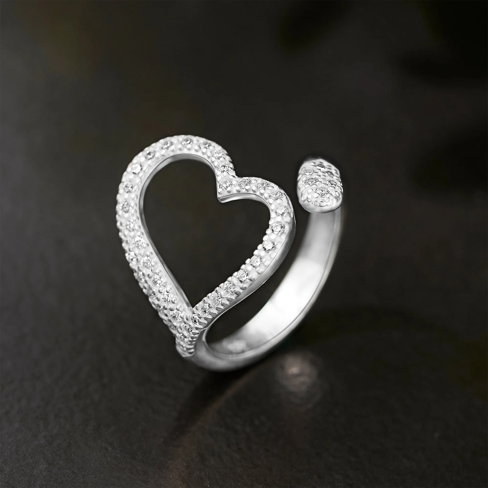 Sparkling CZ Open Heart Ring Adjustable Silver Ring