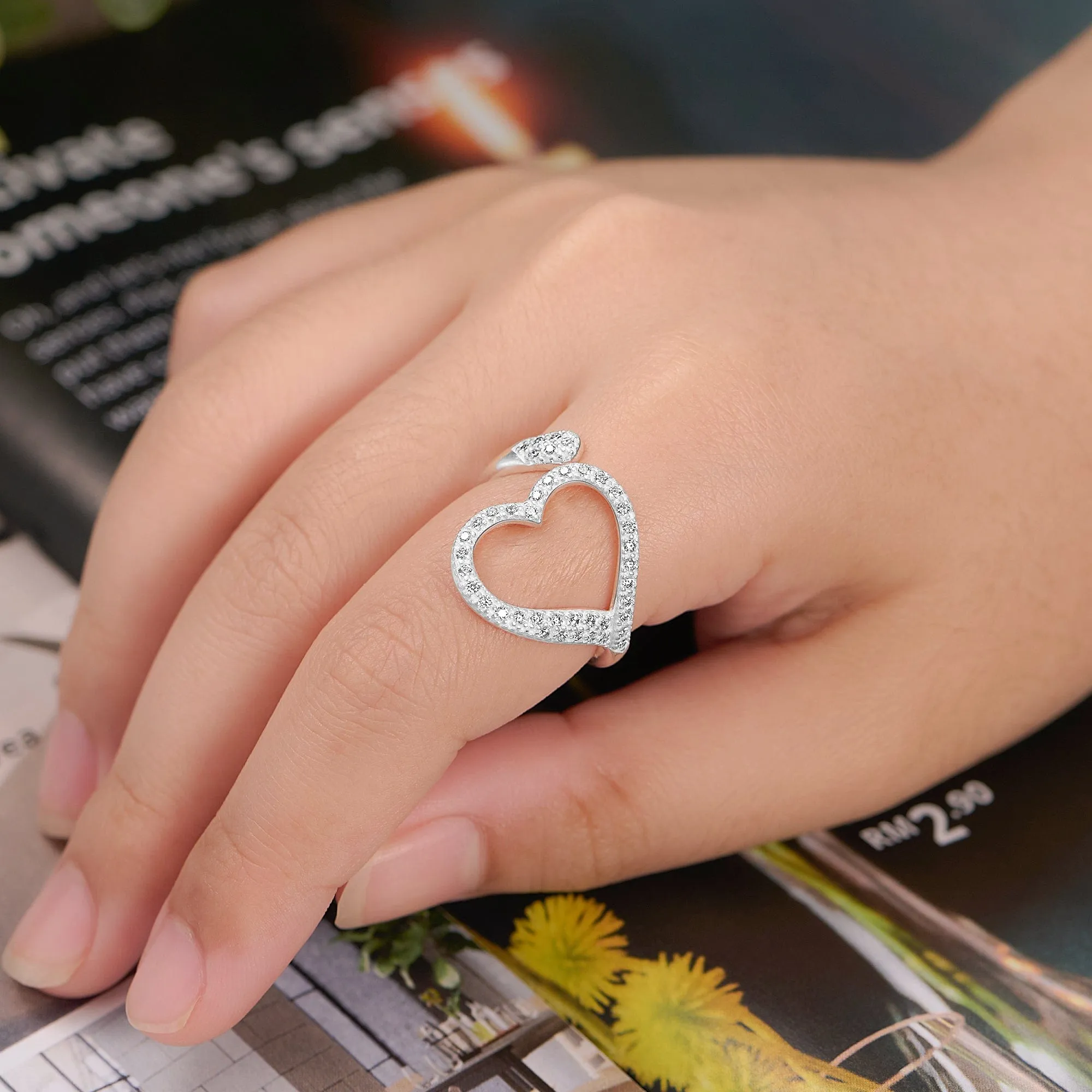 Sparkling CZ Open Heart Ring Adjustable Silver Ring