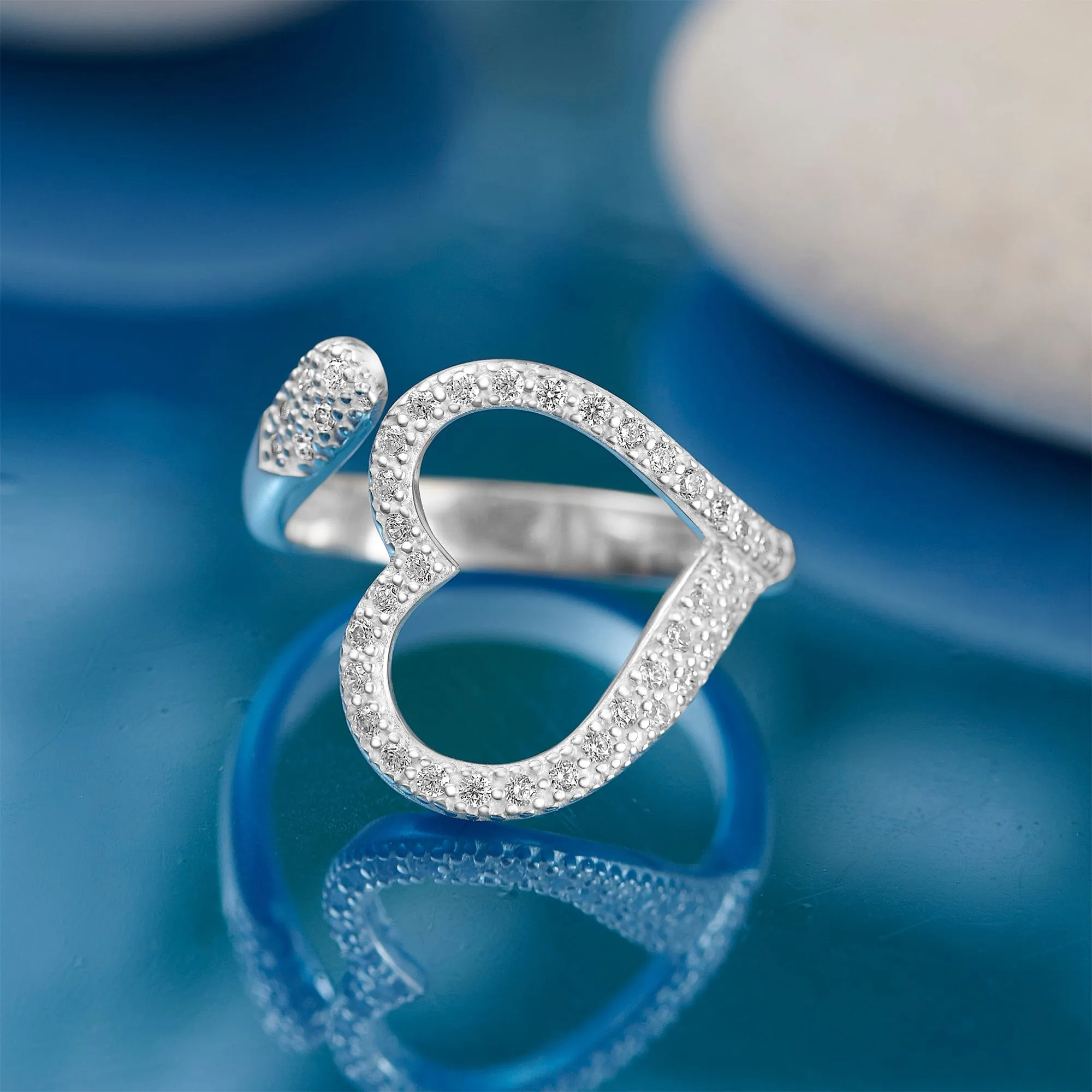 Sparkling CZ Open Heart Ring Adjustable Silver Ring