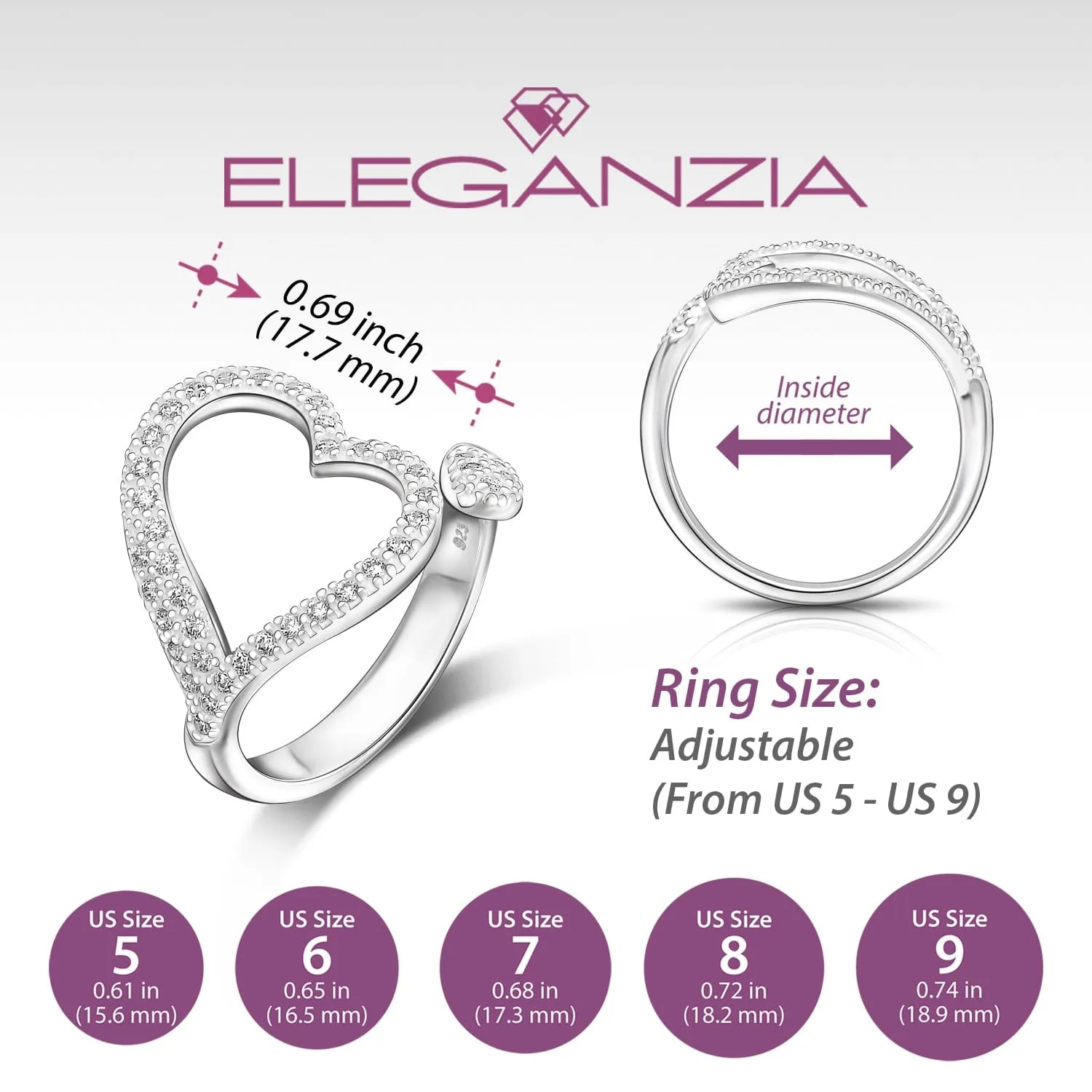 Sparkling CZ Open Heart Ring Adjustable Silver Ring