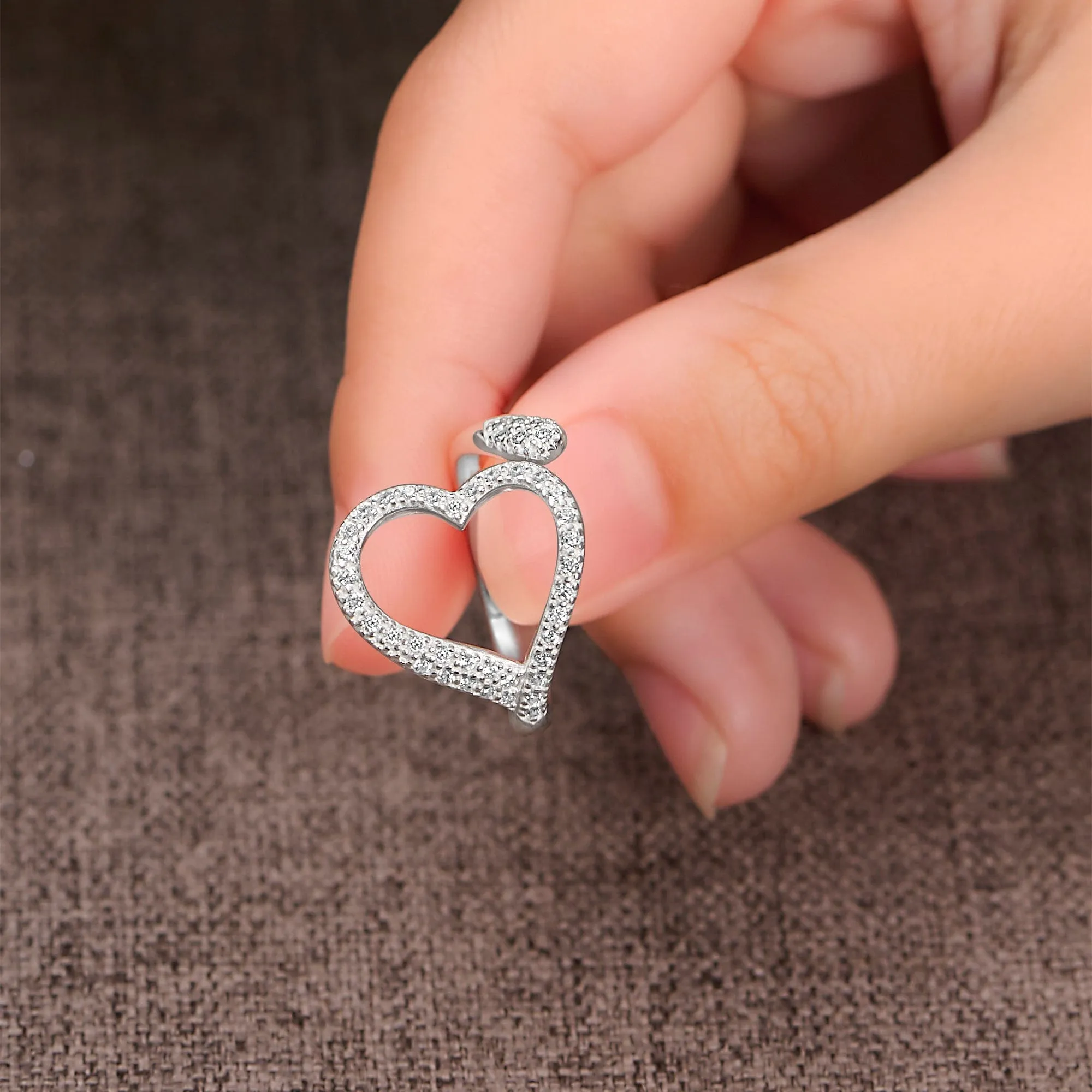 Sparkling CZ Open Heart Ring Adjustable Silver Ring