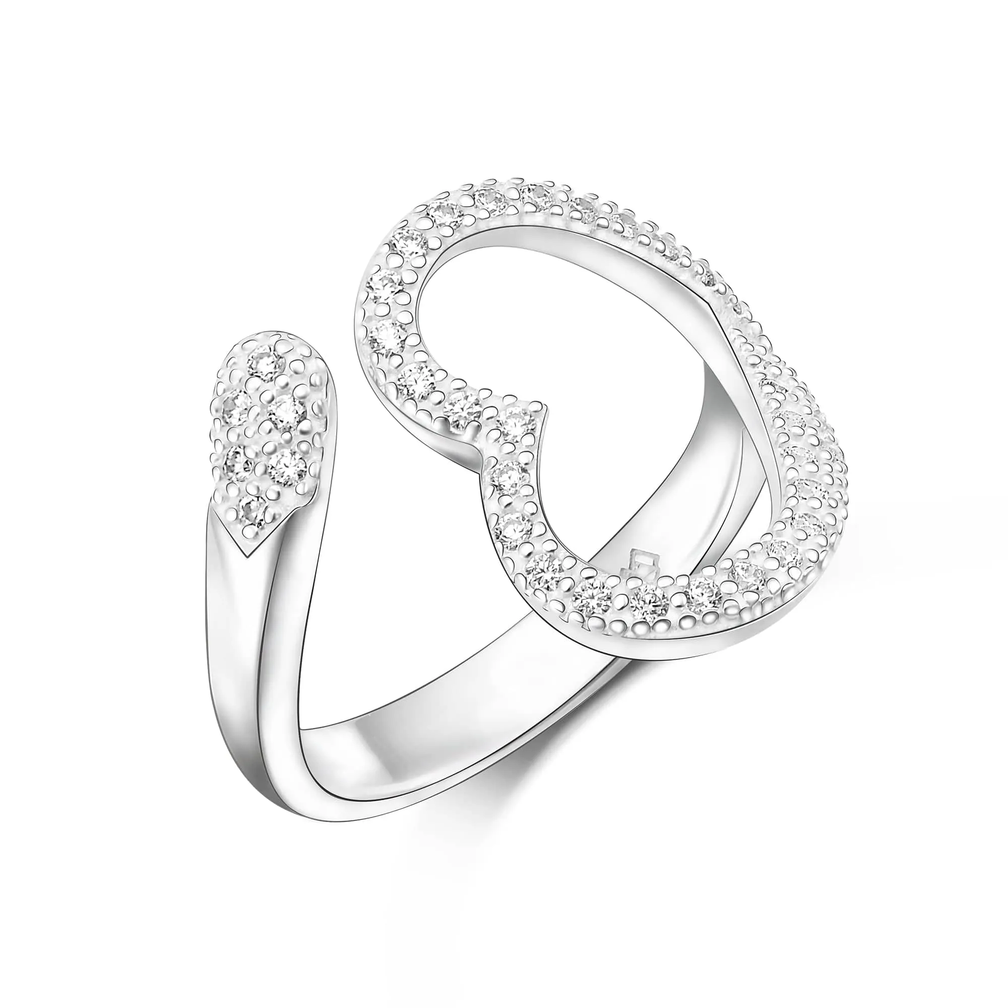 Sparkling CZ Open Heart Ring Adjustable Silver Ring