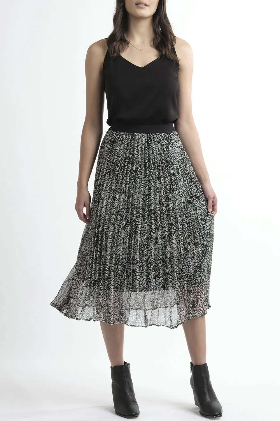 Sunray Black Leopard Pleated Midi Skirt