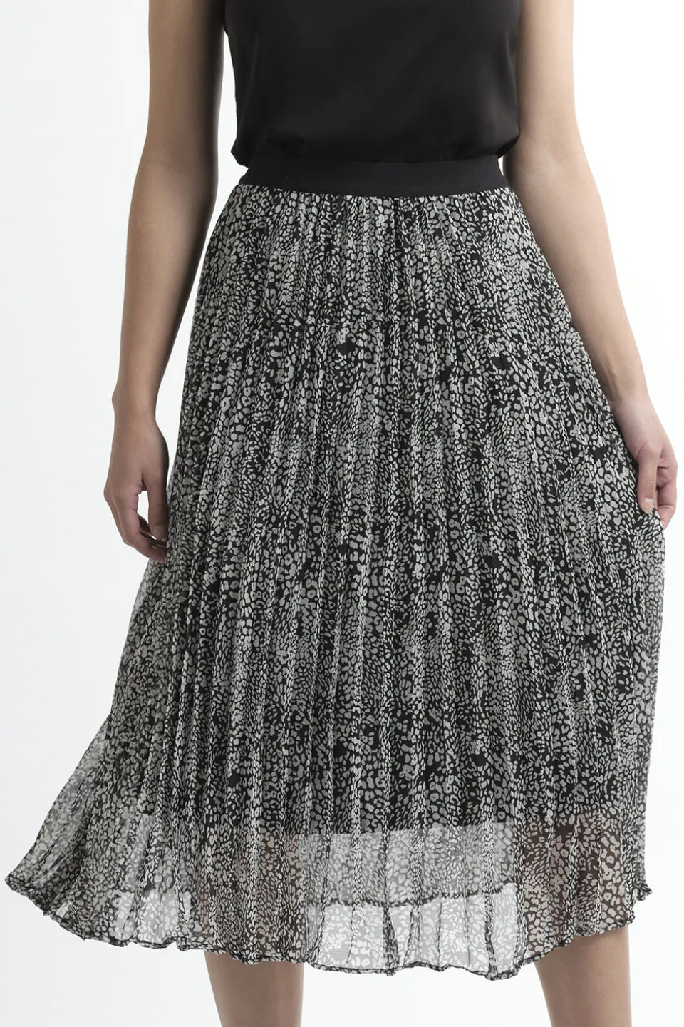 Sunray Black Leopard Pleated Midi Skirt