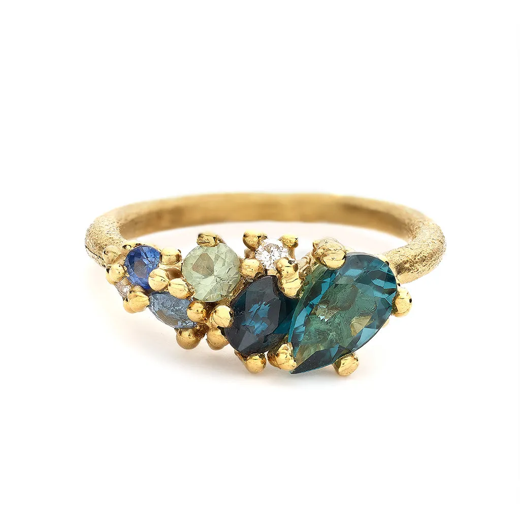 Teal Sapphire Tumbling Cluster Ring