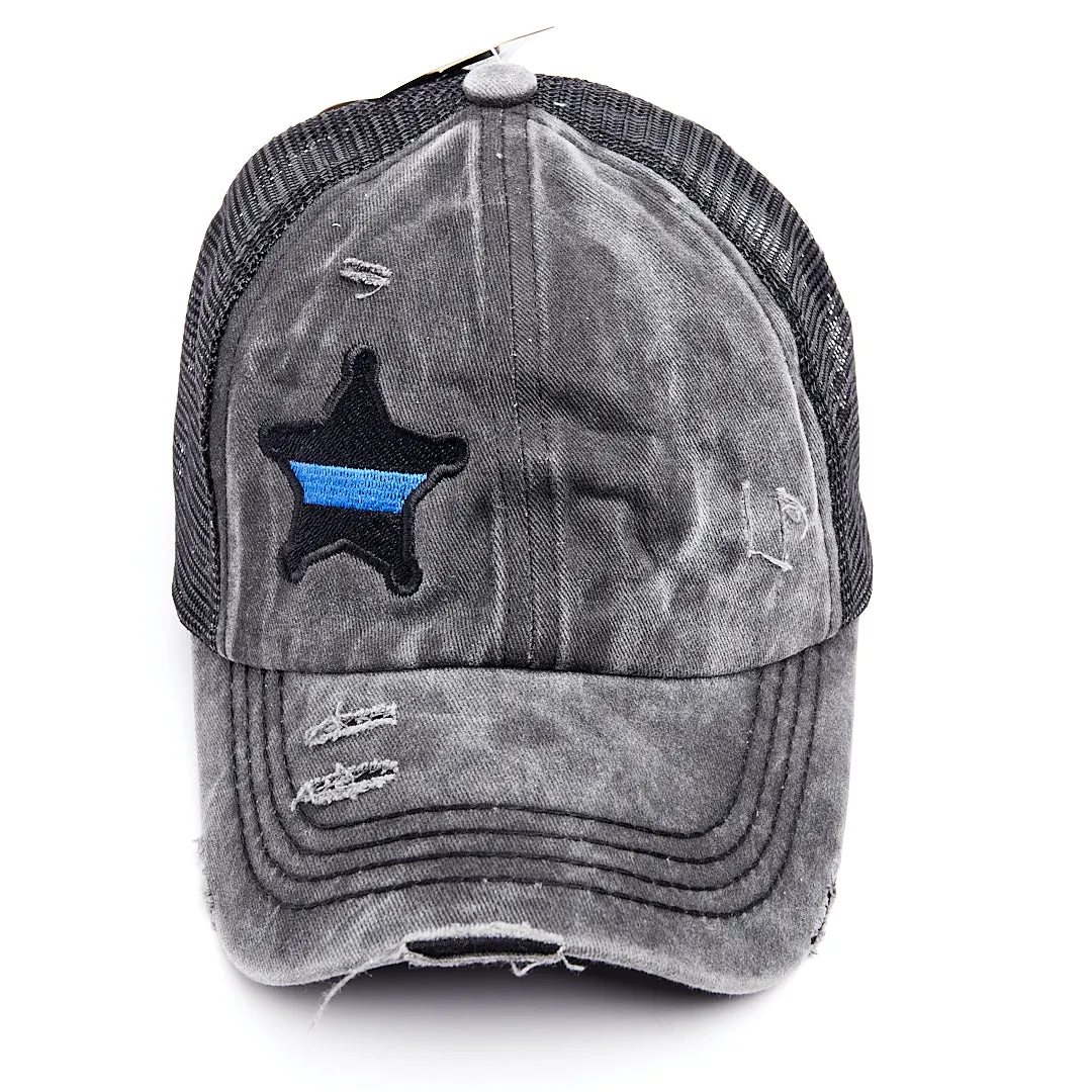 Thin Blue Line Star Badge Criss Cross High Ponytail Hat