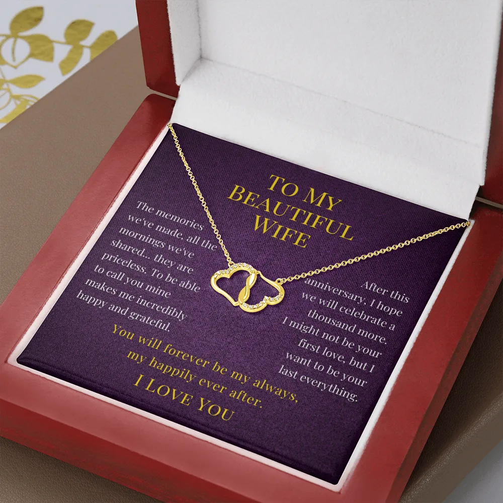 To My Beautiful Wife 10K Gold Connected Hearts in Diamonds Happy Anniversary Necklace For Her