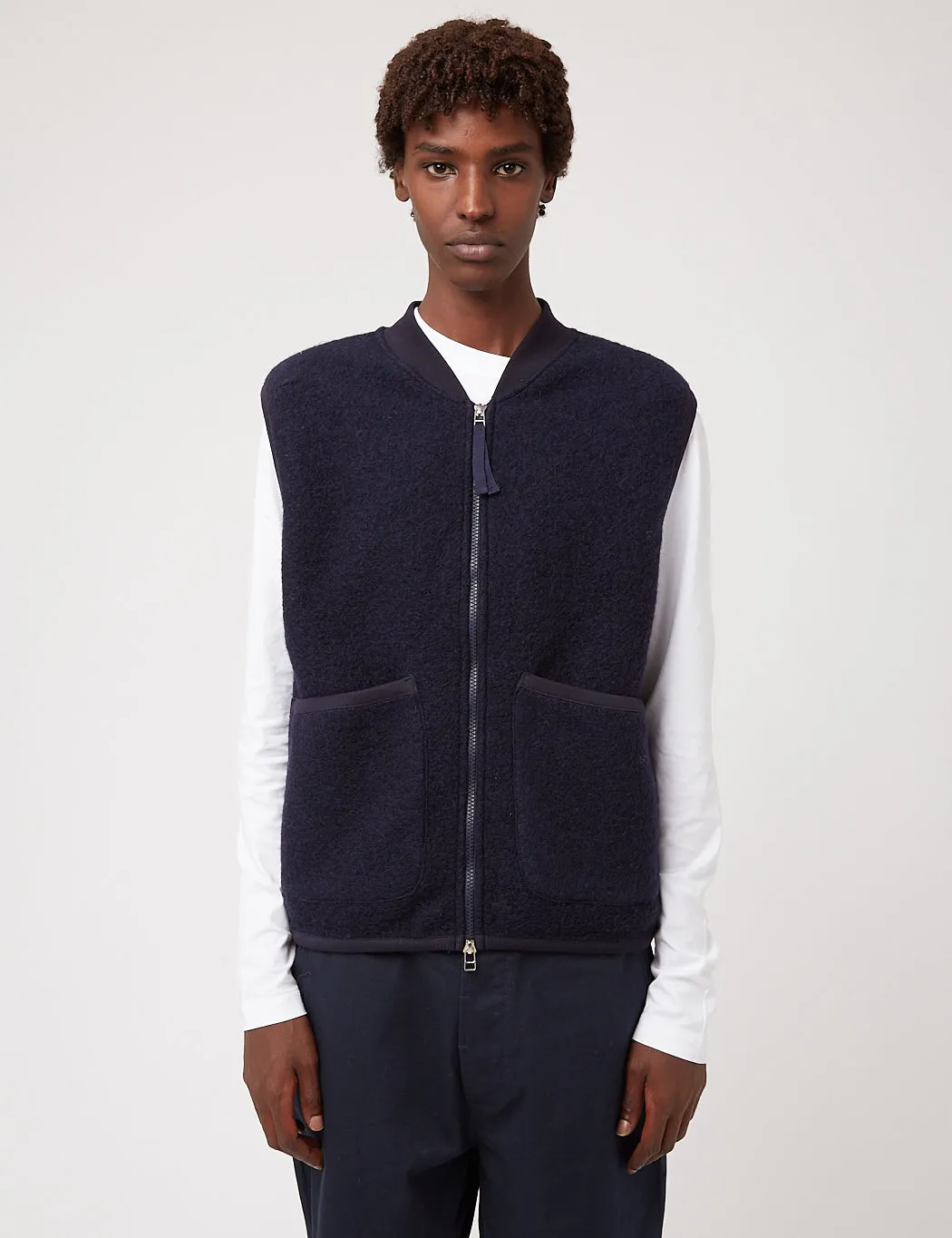 Universal Works Zip Waistcoat (Wool Fleece) - Navy Blue