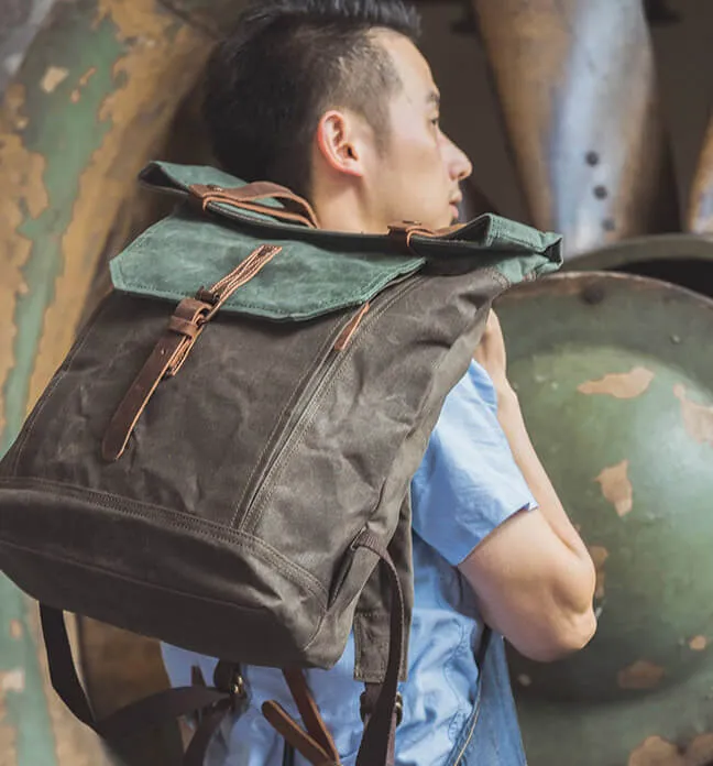 Vintage Style Unisex School Bags, Travel Backpack, Handmade Leather And Waxed Canvas Rucksack NX098