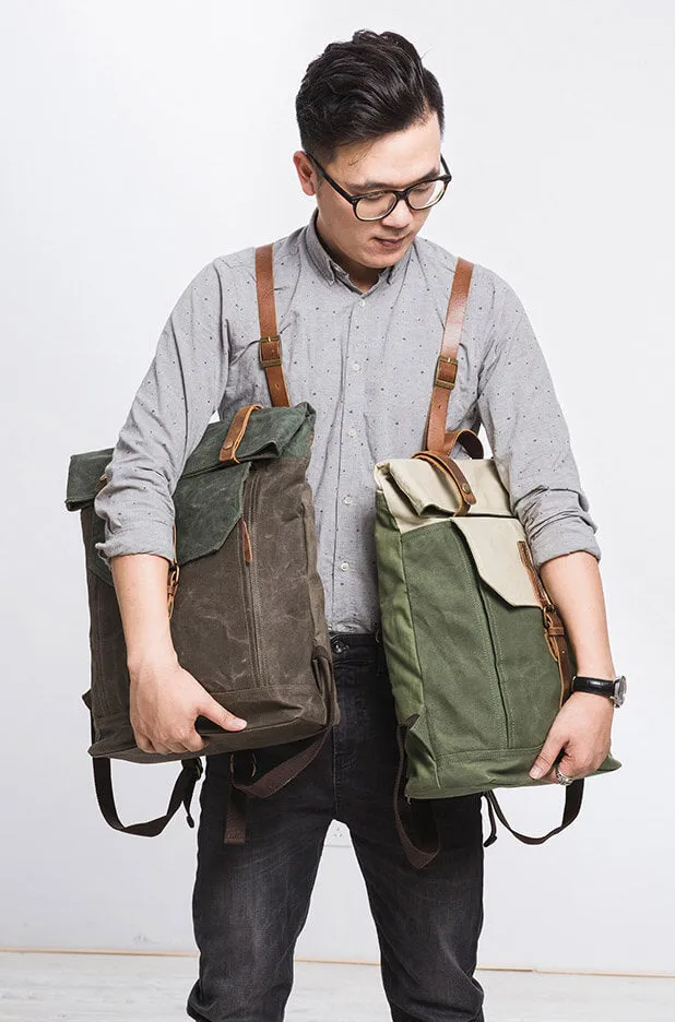 Vintage Style Unisex School Bags, Travel Backpack, Handmade Leather And Waxed Canvas Rucksack NX098