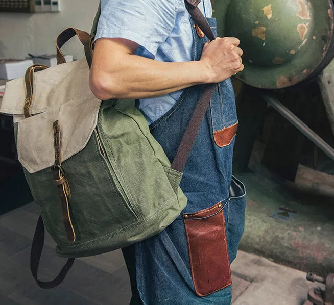 Vintage Style Unisex School Bags, Travel Backpack, Handmade Leather And Waxed Canvas Rucksack NX098