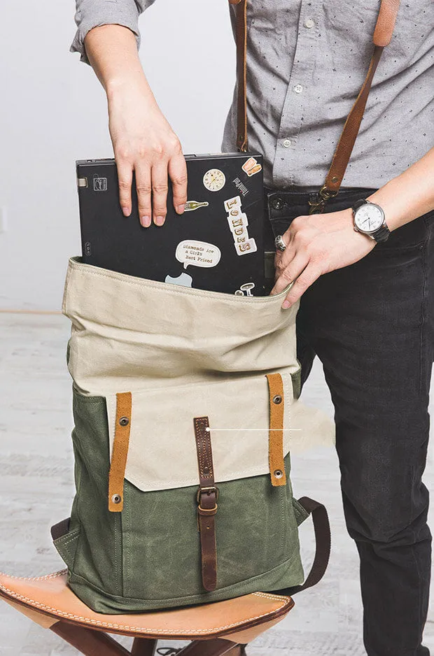 Vintage Style Unisex School Bags, Travel Backpack, Handmade Leather And Waxed Canvas Rucksack NX098