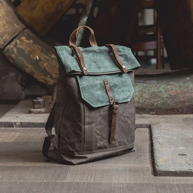 Vintage Style Unisex School Bags, Travel Backpack, Handmade Leather And Waxed Canvas Rucksack NX098