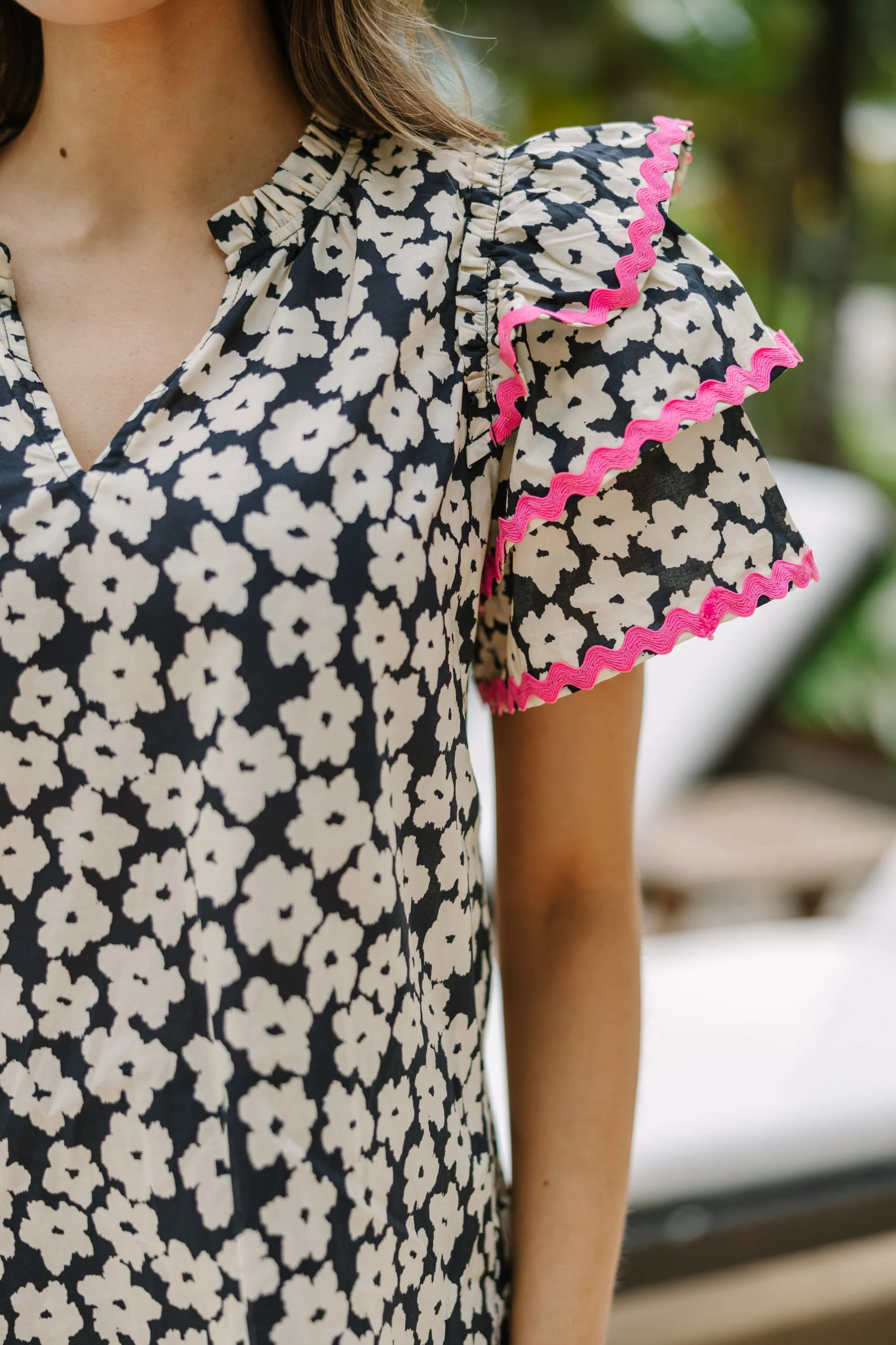 Waiting For You Black Floral RickRack Blouse