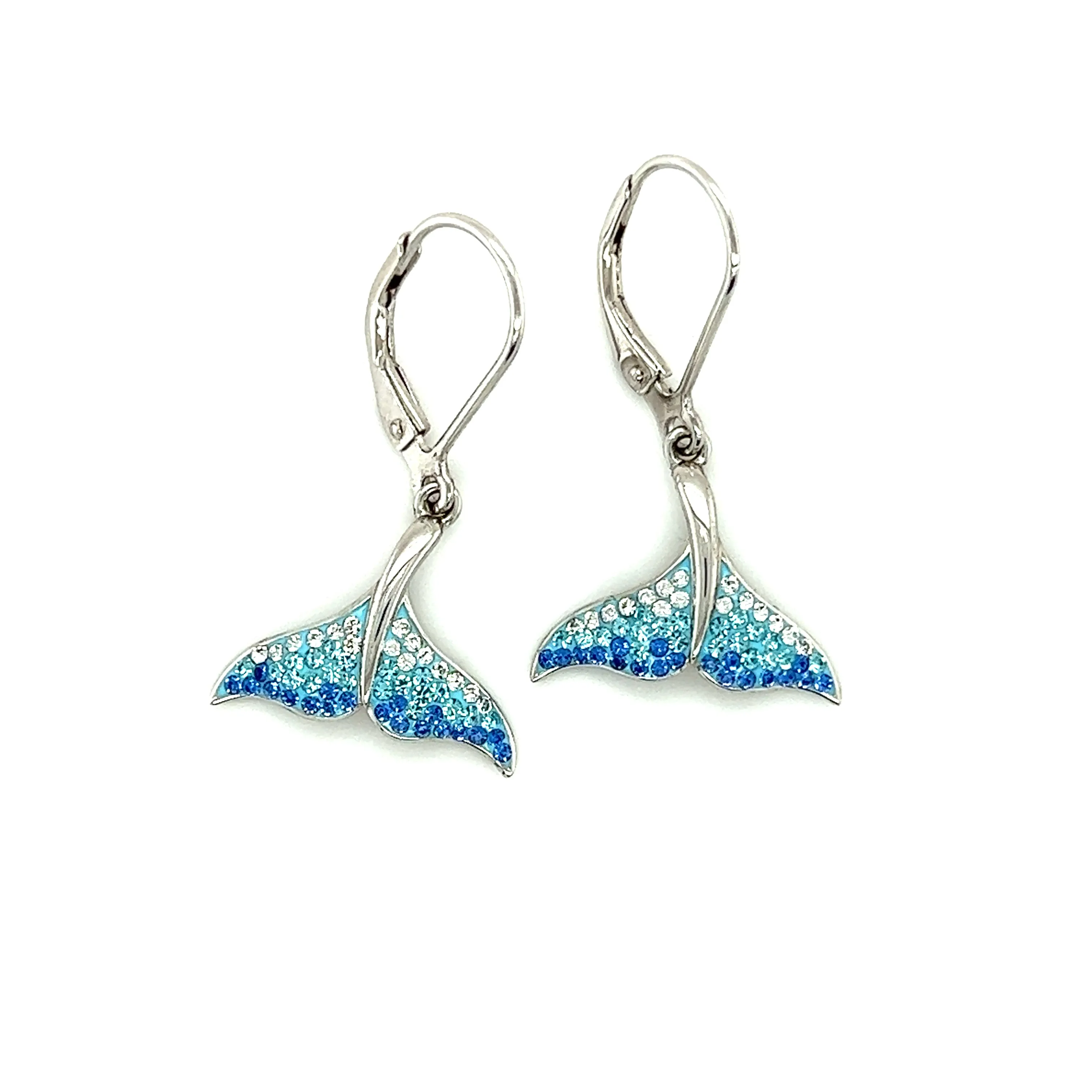 Whale Tail Dangle Earrings with White, Aqua and Blue Crystals in Sterling Silver