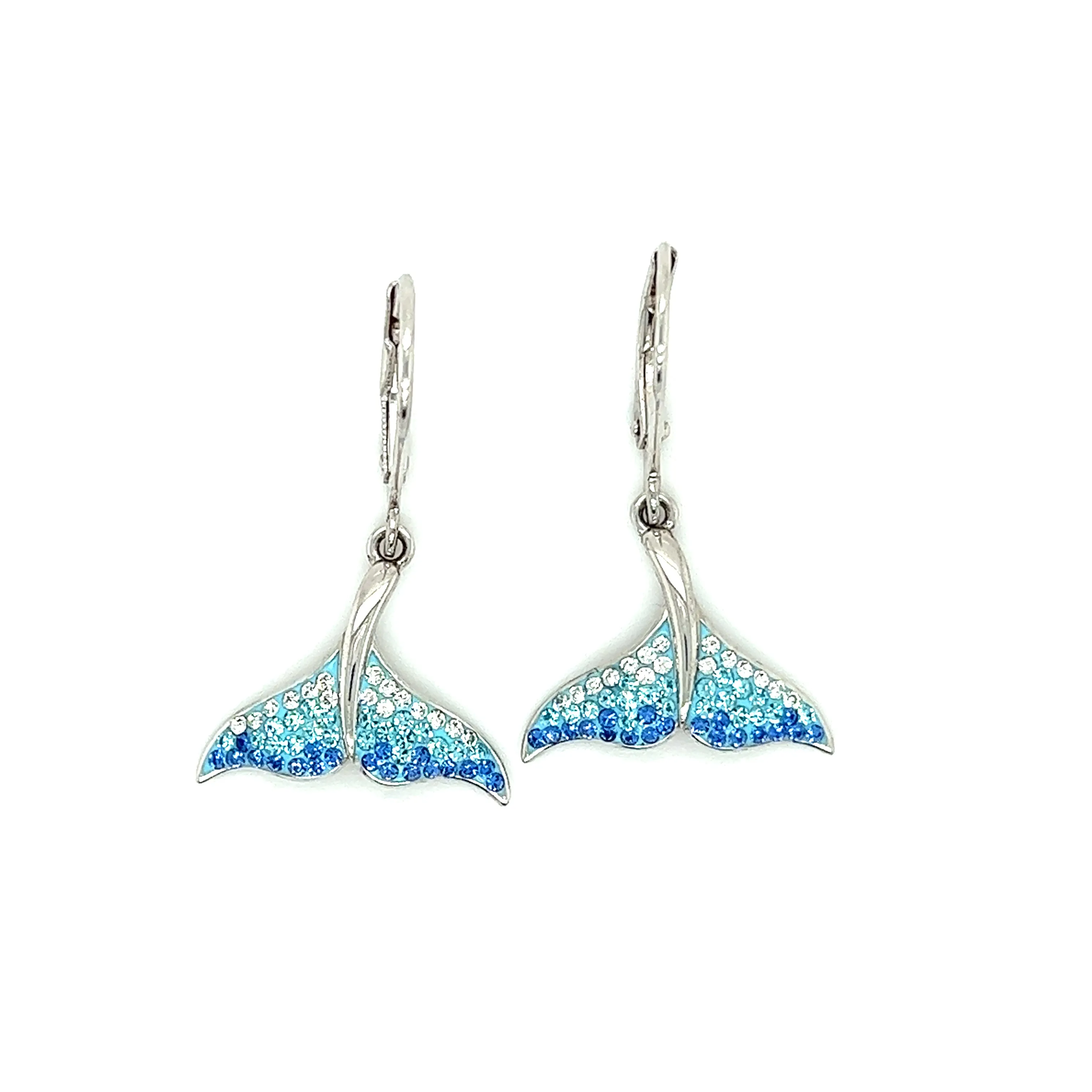 Whale Tail Dangle Earrings with White, Aqua and Blue Crystals in Sterling Silver