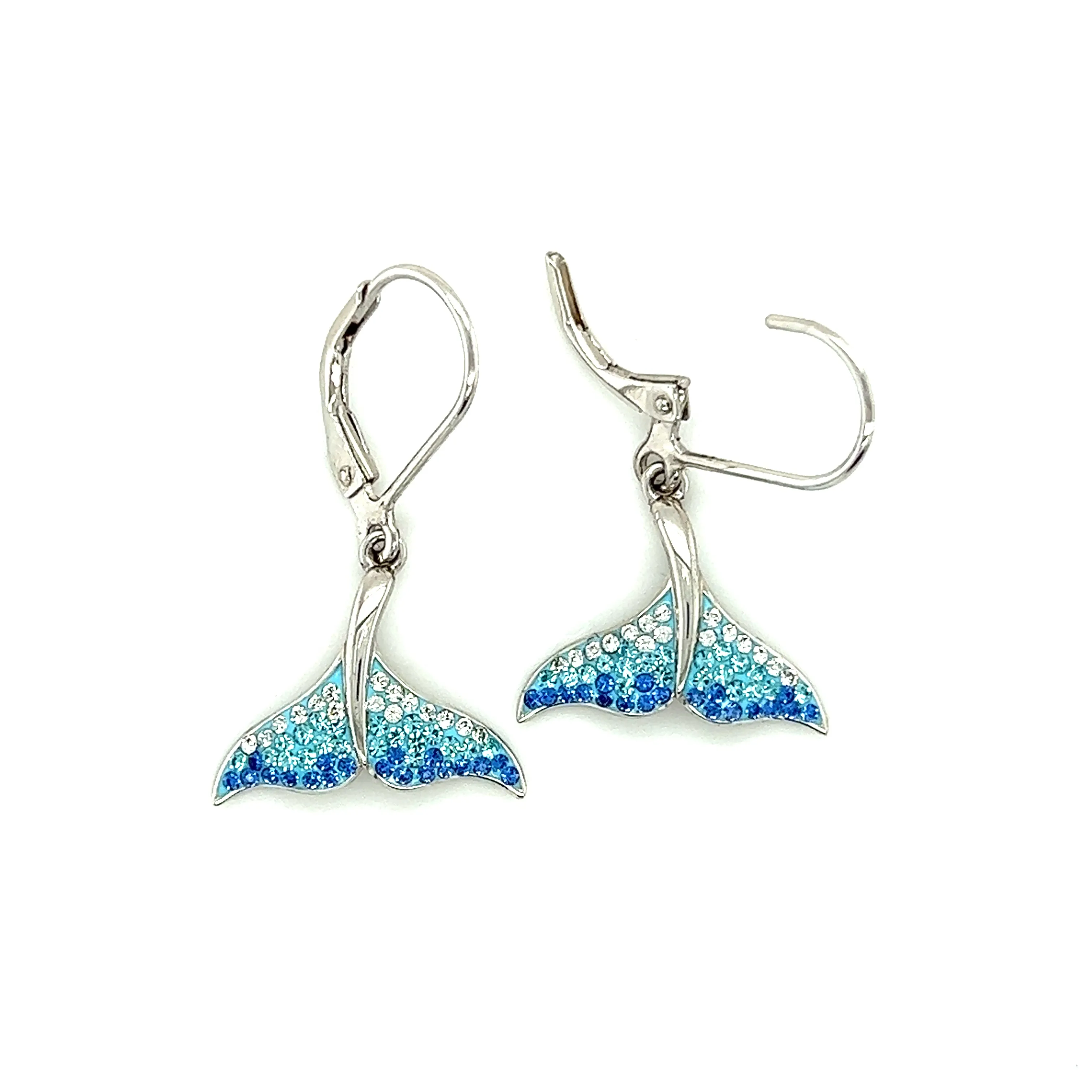 Whale Tail Dangle Earrings with White, Aqua and Blue Crystals in Sterling Silver