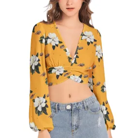 Women's Deep V-Neck Lantern Sleeve Crop Top