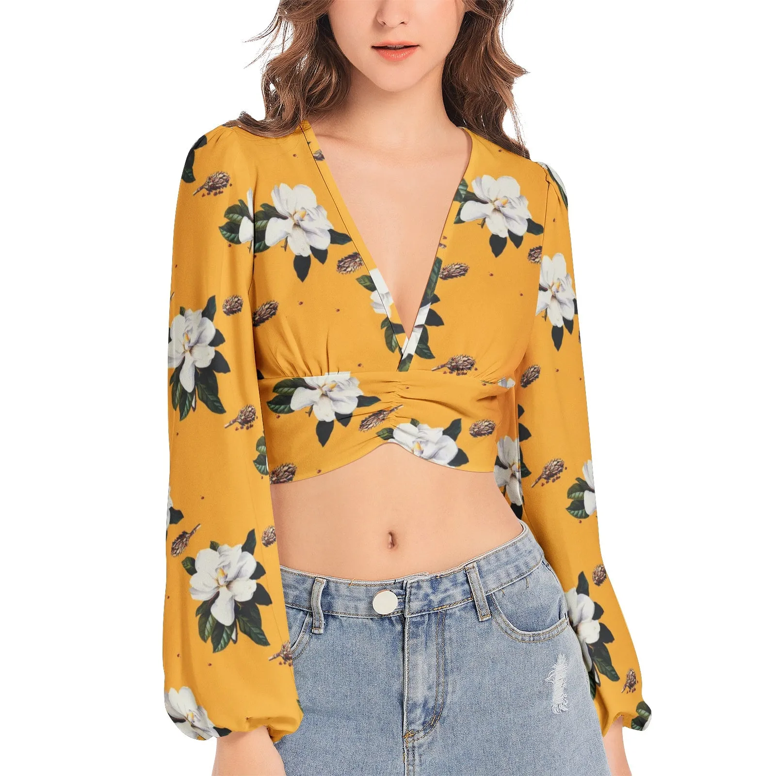 Women's Deep V-Neck Lantern Sleeve Crop Top