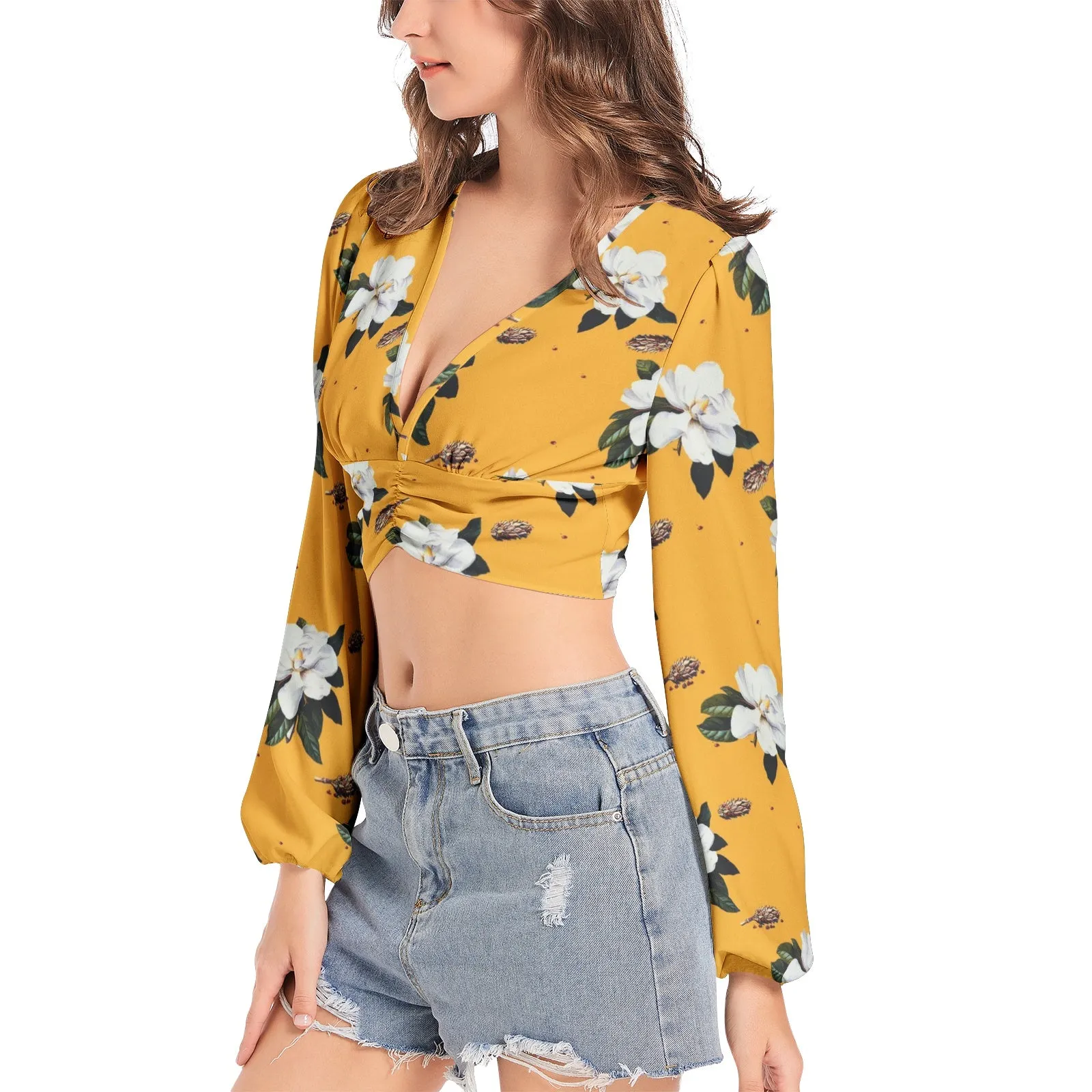 Women's Deep V-Neck Lantern Sleeve Crop Top